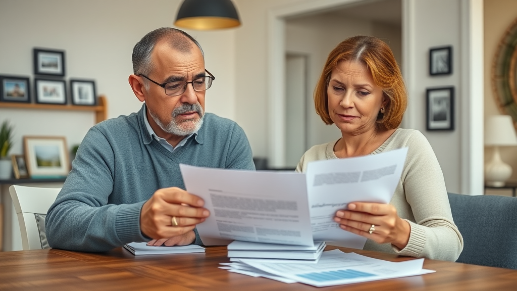thoughtful middle-aged couple reviewing documents for estate planning in a contemporary home with financial charts