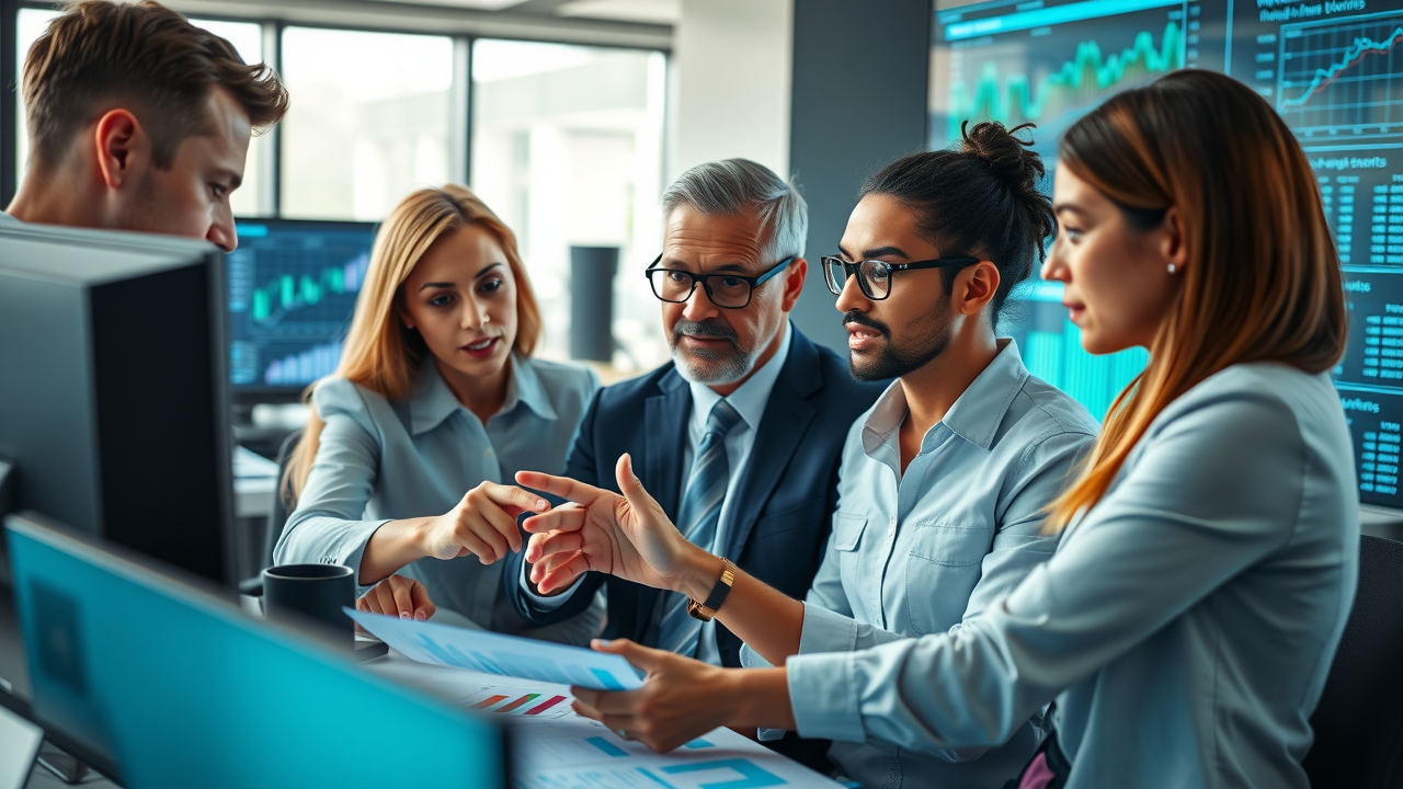 Financial planning for growth: dynamic business team reviewing financial data and charts in a modern office environment, growth graphs digitally displayed