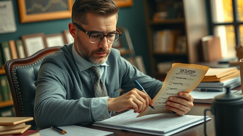 Business owner checking off tax planning checklist with documents in classic office