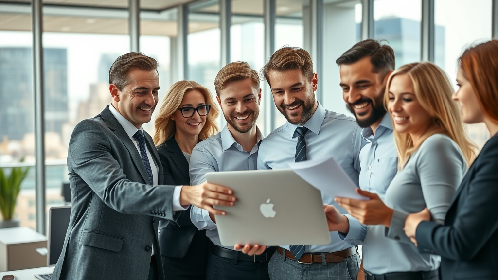 dynamic business professionals collaborating with a business growth strategy consultant in a modern office