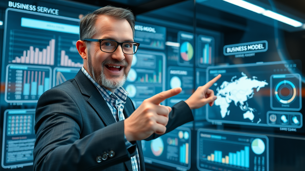strategic business growth strategy consultant pointing at futuristic business model diagrams during a consulting session