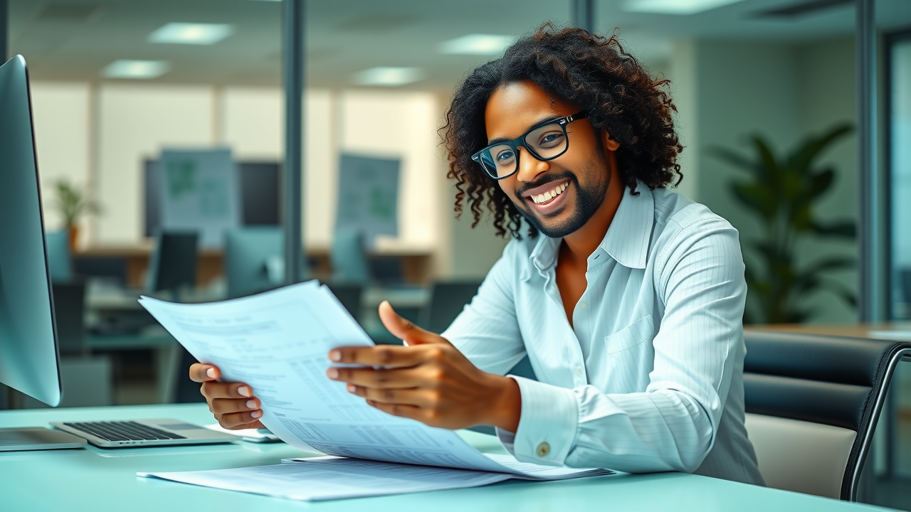 confident business professional reviewing tax strategies in a modern office with tax forms