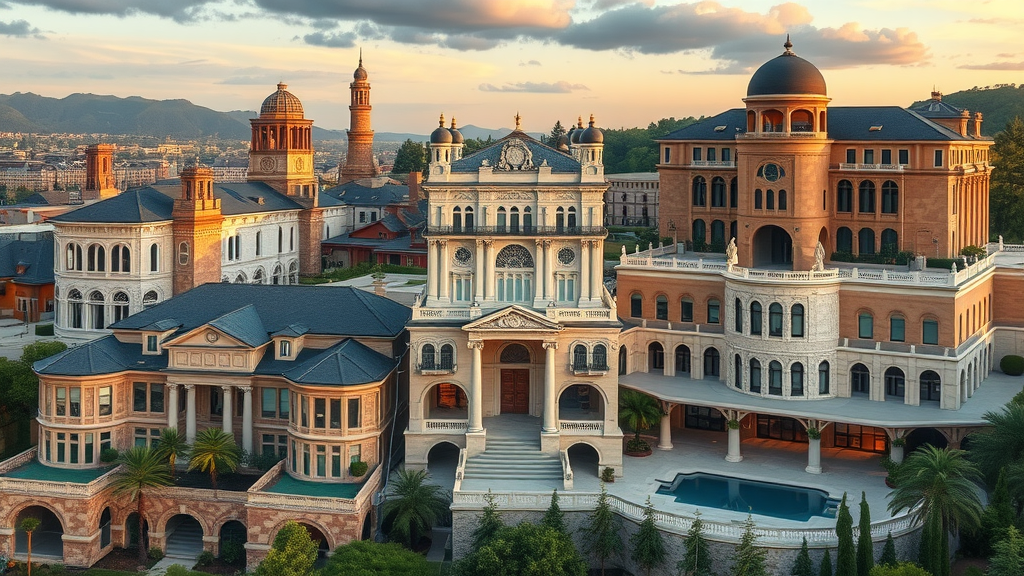 Luxury properties in diverse architectural styles, showing different real estate ownership structures with icon overlays.