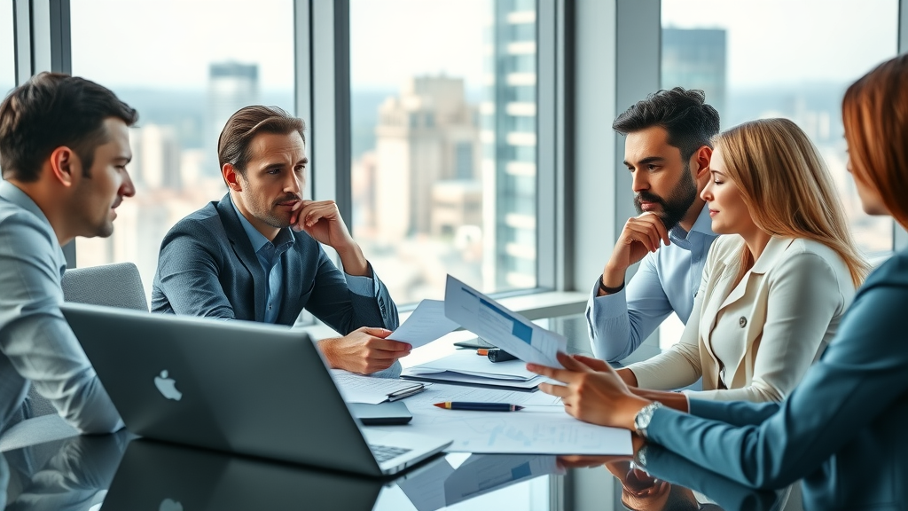 Business consultant analyzing reports to evaluate business model for growth