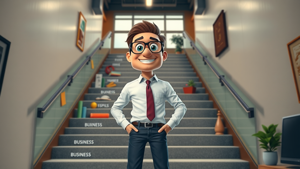 Entrepreneur visualizing seven stages of business growth strategies for entrepreneurs at the base of a business growth staircase