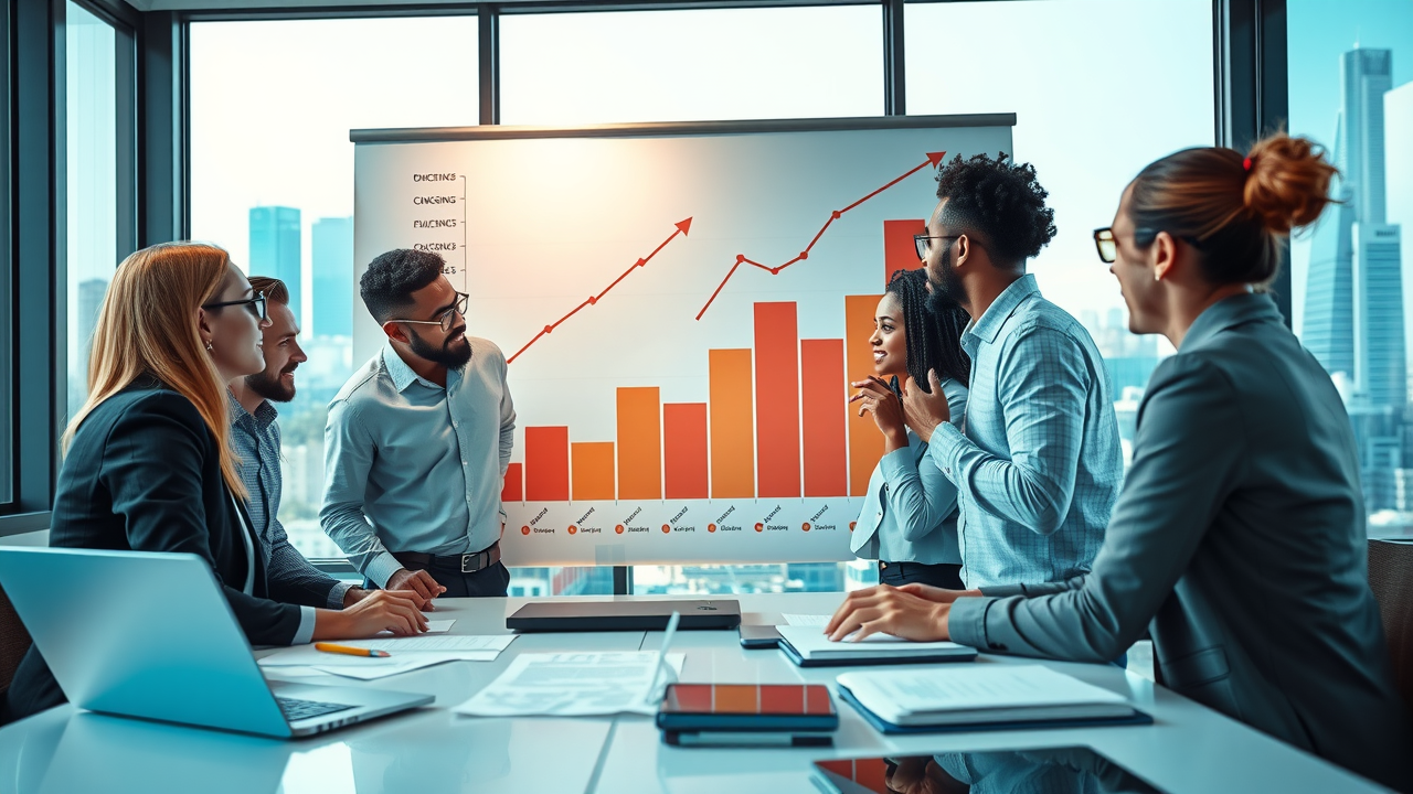 Professionals collaborating on business roadmap strategy for business planning and strategy development, upward wall charts and projections.