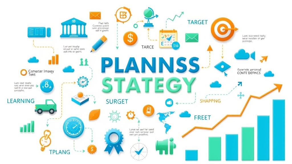 Infographic illustrating business planning, strategy, targets, growth icons for business planning and strategy development.