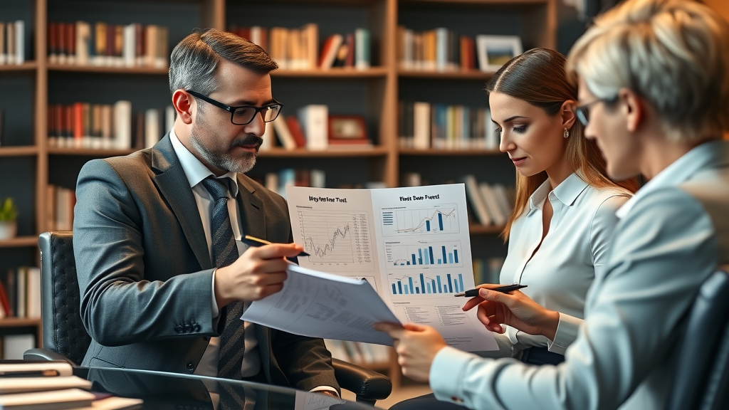 Tax planning for high net worth individuals: Strategic advisor reviewing tax documents with clients at a sophisticated workspace, collaborative planning.