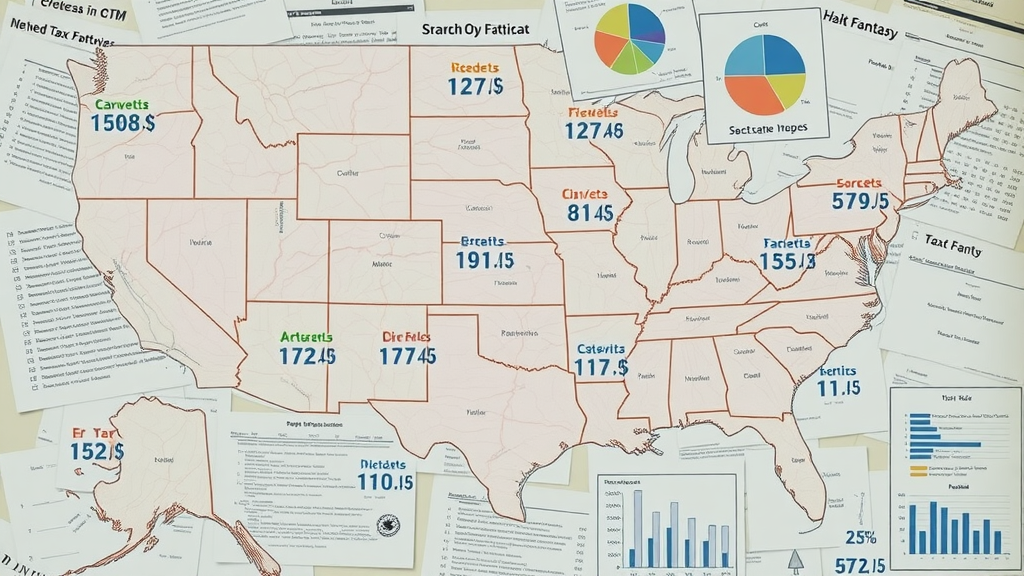 Detailed map showing state tax differences, tax rates, highlighted states, overlays of pie charts and data bars.
