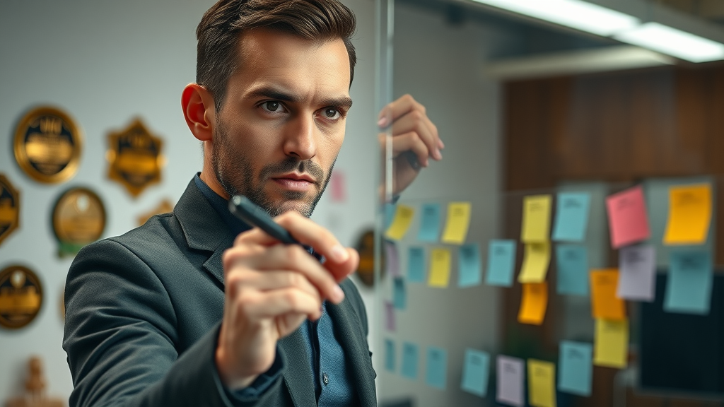 Entrepreneur drafting business growth strategies for entrepreneurs on a glass strategy board with post-it notes and awards