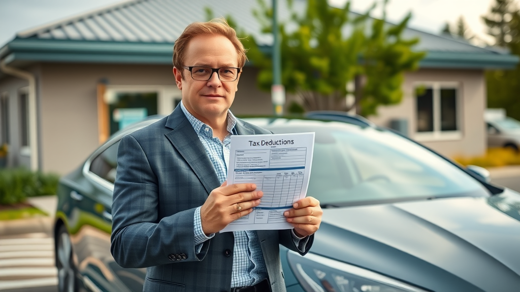 business owner tax savings using business vehicle parked by office with tax deduction checklist