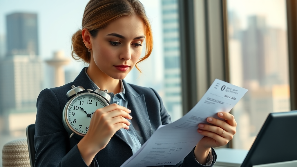 Focused businesswoman plans timing of business expense deductions for business tax savings in a city office