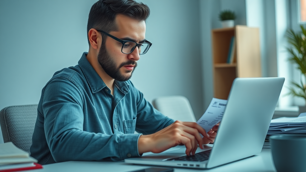business income and expenses – small business owner entering receipts and tracking taxes in modern office
