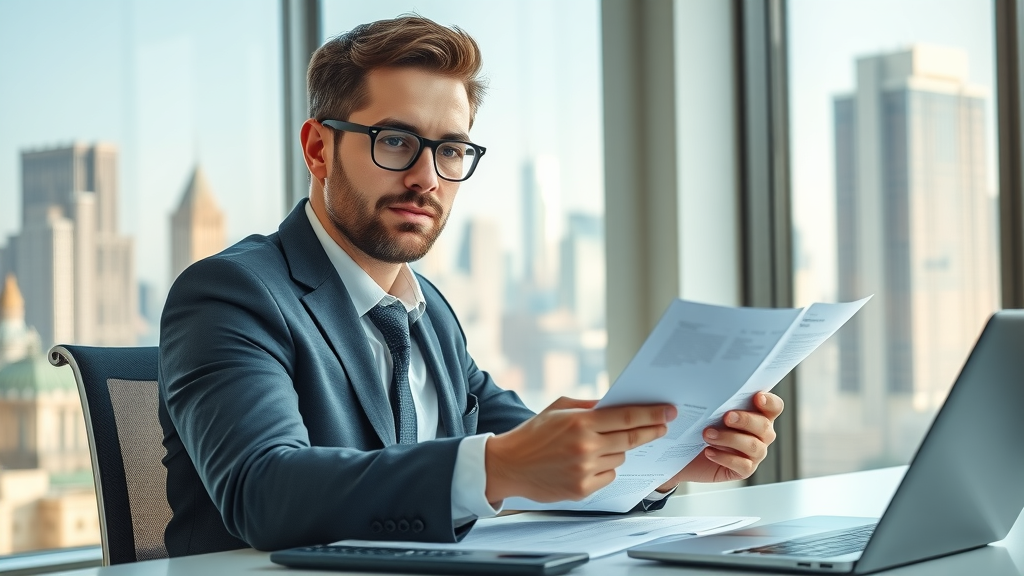 Professional business owner reviewing financial documents for tax planning for businesses in a modern office with city skyline
