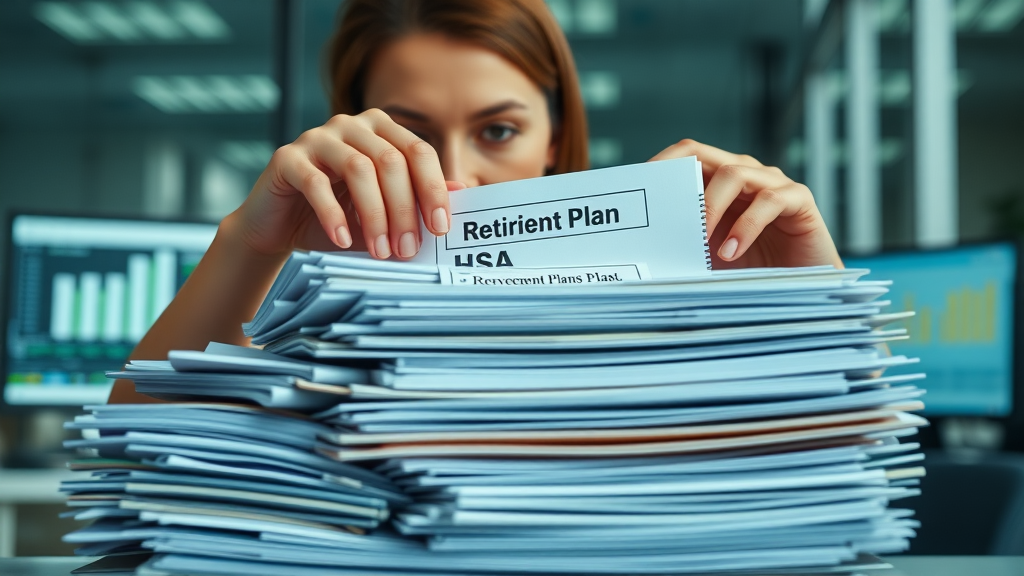 Retirement plan and HSA account statements organized for high earners considering how to reduce taxes on $500k+ income