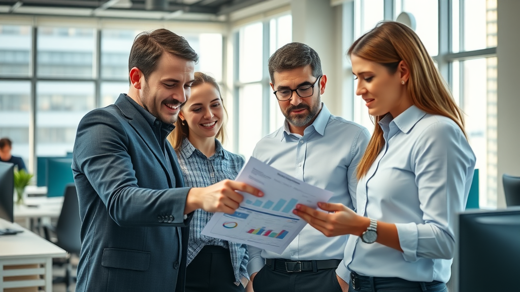 Professional team reviewing business plan aligned with strategic plan documents and digital charts for business planning and strategy development.