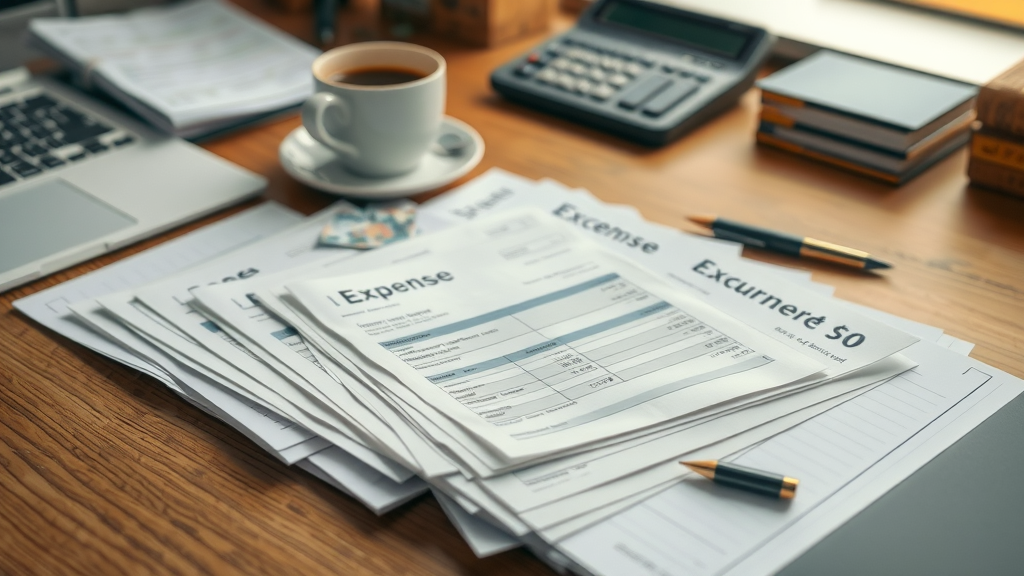 business owner tax deduction with well-arranged business receipts and supplies on a desk