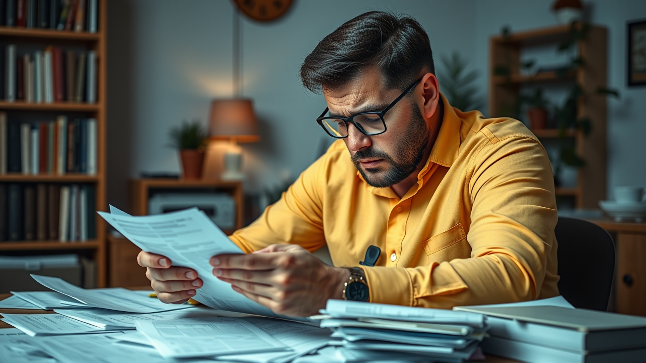 business tax strategies - stressed small business owner looking over bills, worried expression, sitting in home office cluttered with tax papers