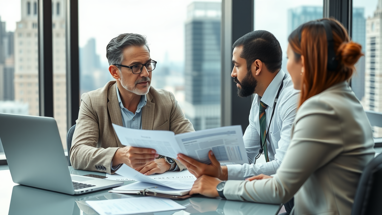 exit &amp; windfall tax mitigation professional business owner consulting with a financial advisor in an elegant office reviewing tax documents