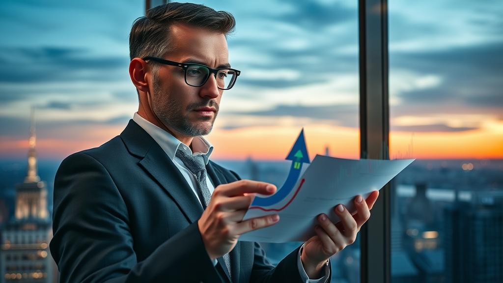 financial planning for growth: professional investor reviewing digital stock charts and city skyline, evaluating a diverse investment portfolio