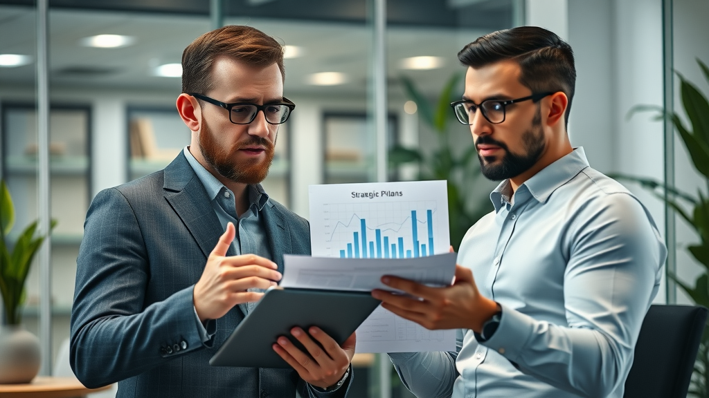 exit &amp; windfall tax mitigation financial advisor presenting strategic asset plans to an entrepreneur in a contemporary office
