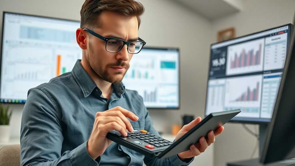 Individual using digital tax calculator with tax statements, focused on analyzing taxable income and tax bracket for proactive tax planning