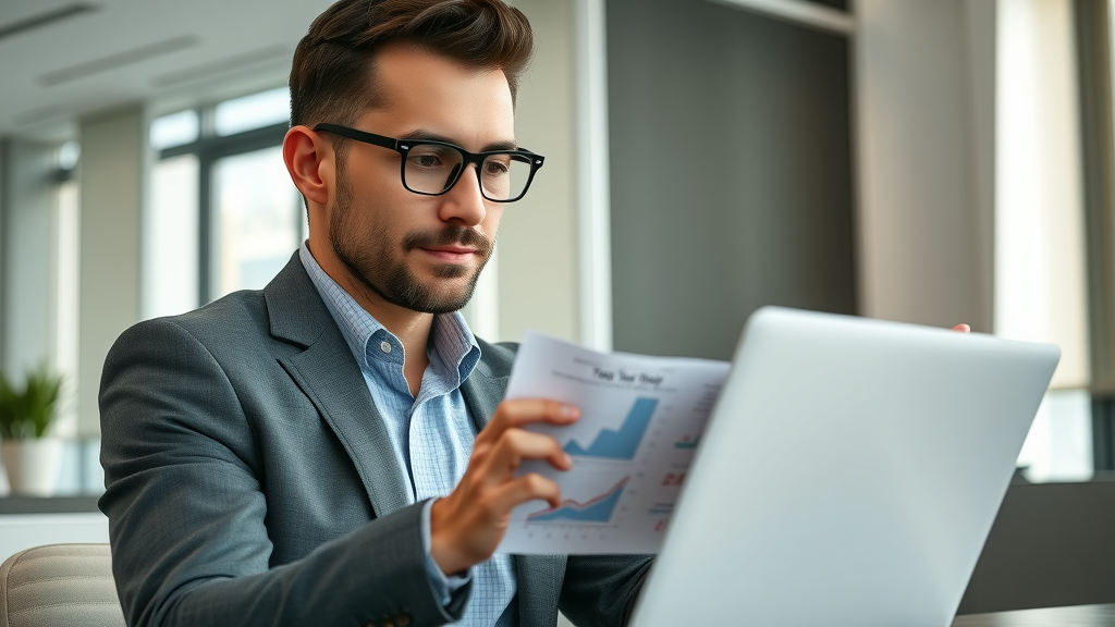 Confident business owner analyzing federal tax brackets using laptop to develop strategy for how to reduce taxes on $500k+ income