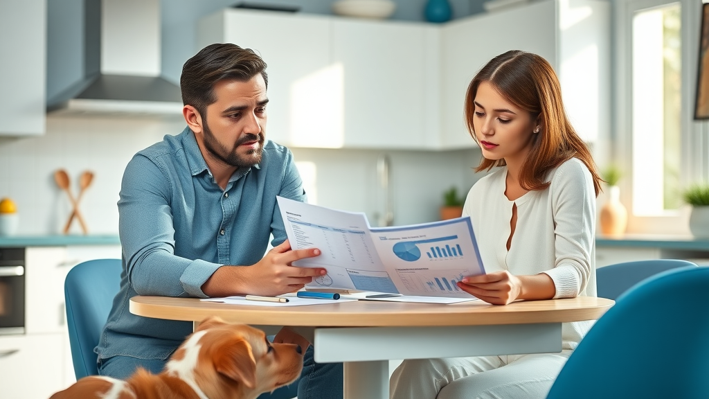Young couple reviewing annual financial statements in modern kitchen, representing yearly evaluation of wealth preservation strategies