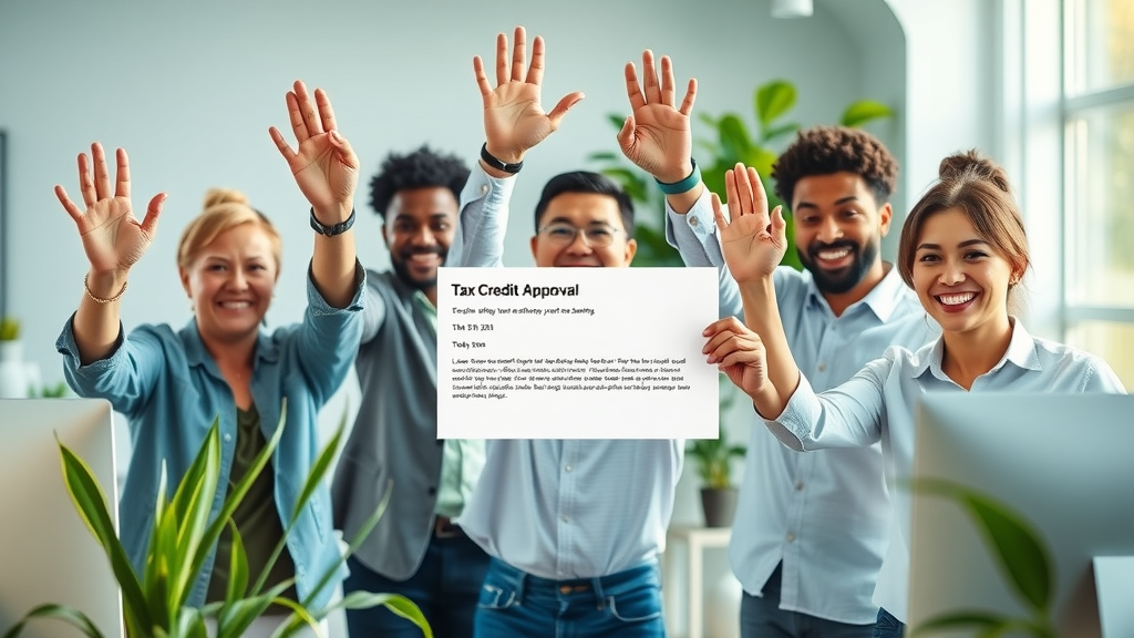 Diverse small business owners celebrate a successful tax credit approval in a modern office