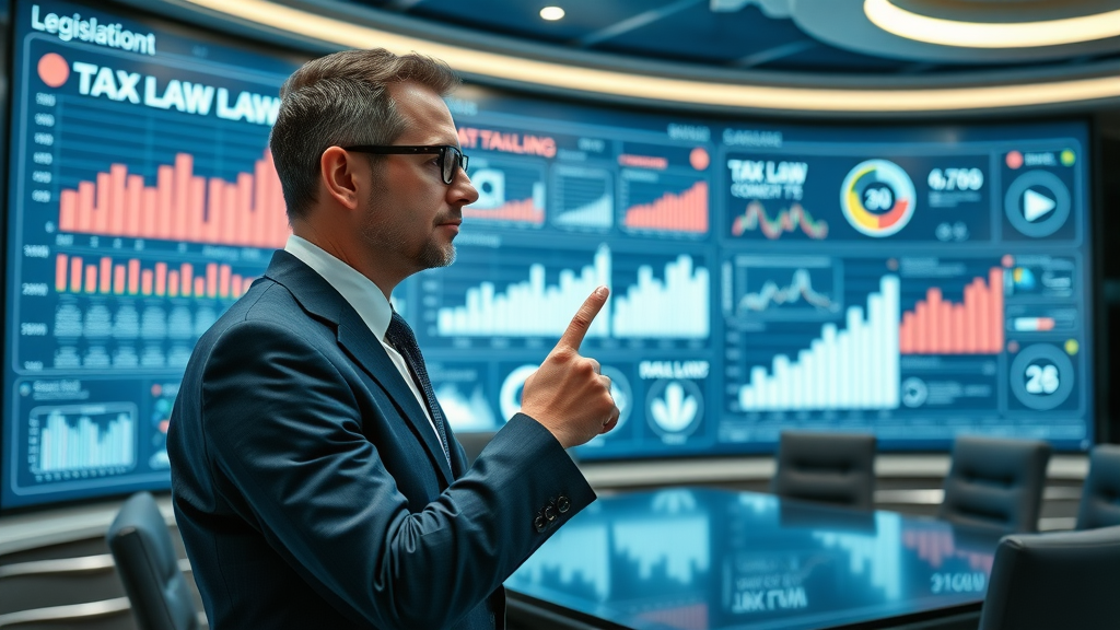 Businessperson pointing to shifting tax law graphs on a digital board, analyzing tax laws and deductions for proactive tax planning