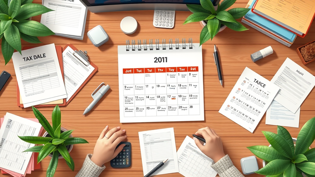 Business tax calendar for planning tax year with deadlines, tax forms, calculators, and plants on a desk