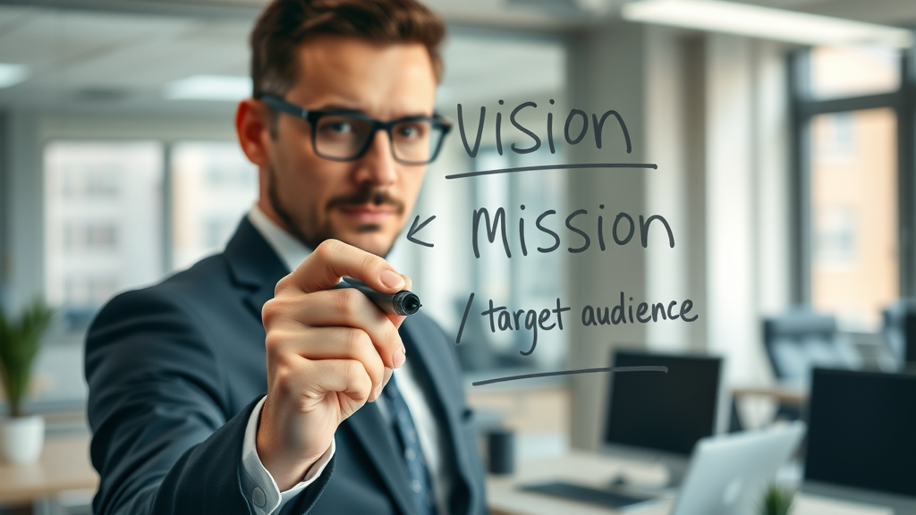 Executive planning mission statement, vision, and target audience for business planning and strategy development, glass board writing.