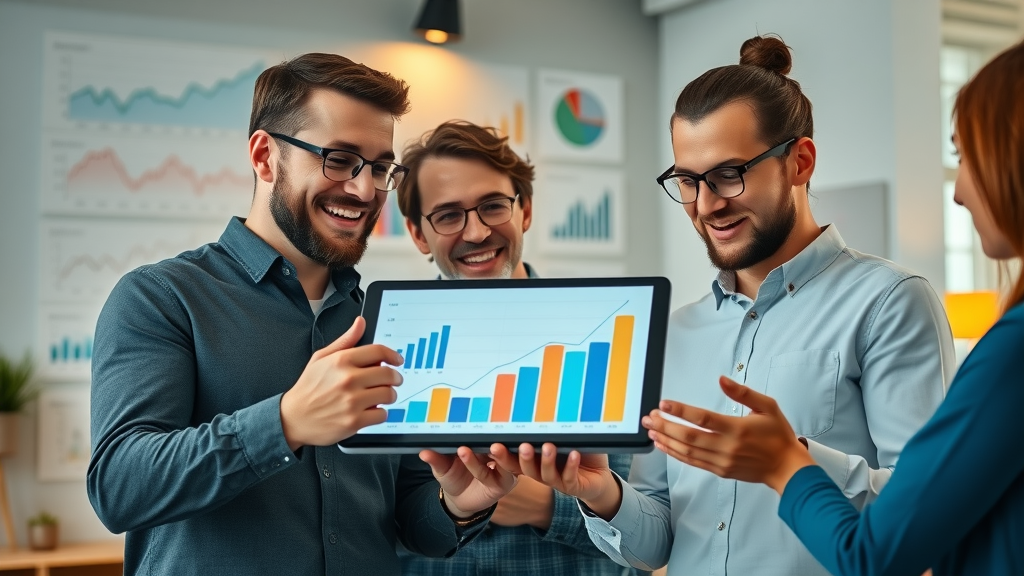 small business owners discussing tax planning for business growth graphs
