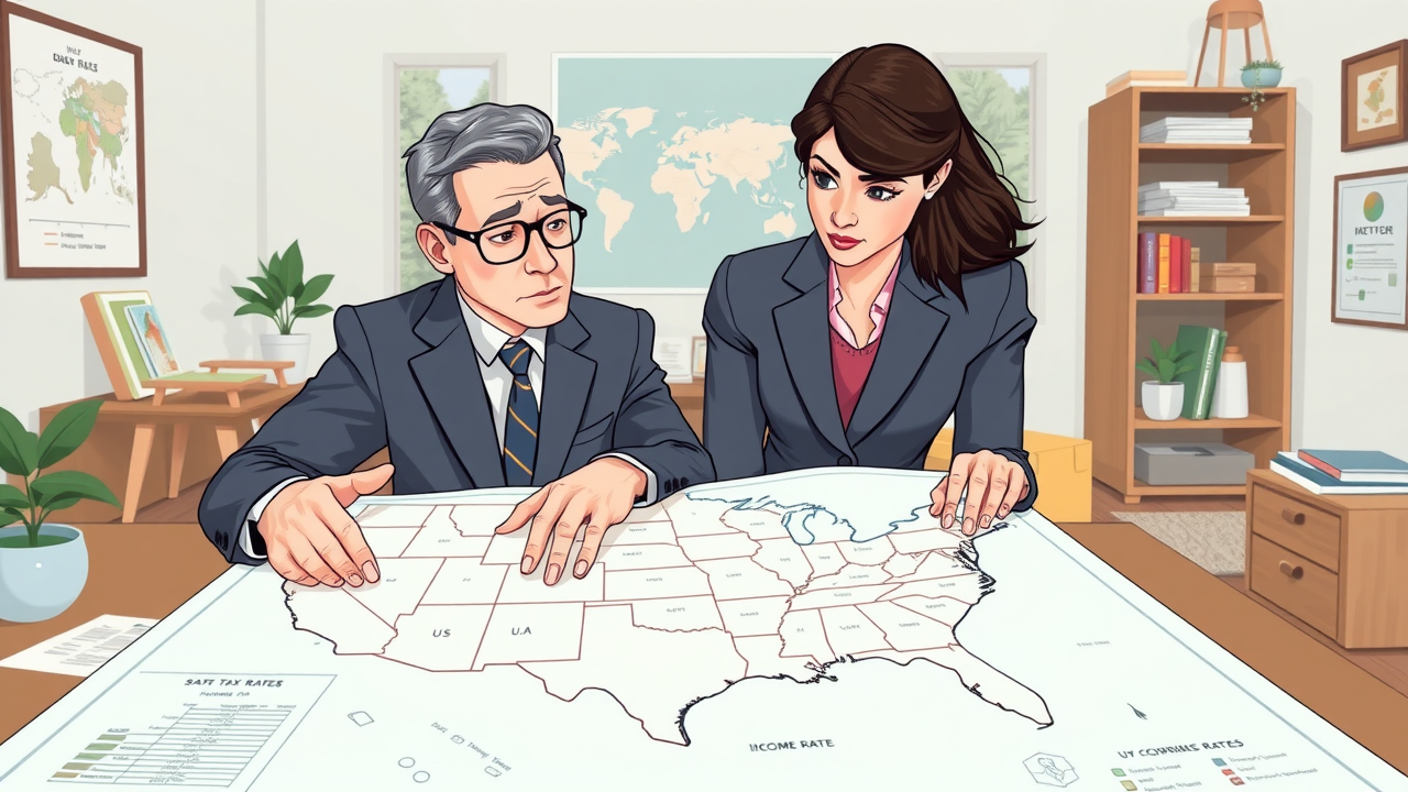 income earner couple examining state income tax rates on US map