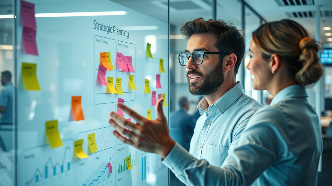 Business leader presenting strategic plan with charts and sticky notes at digital whiteboard, encouraging business growth and planning.