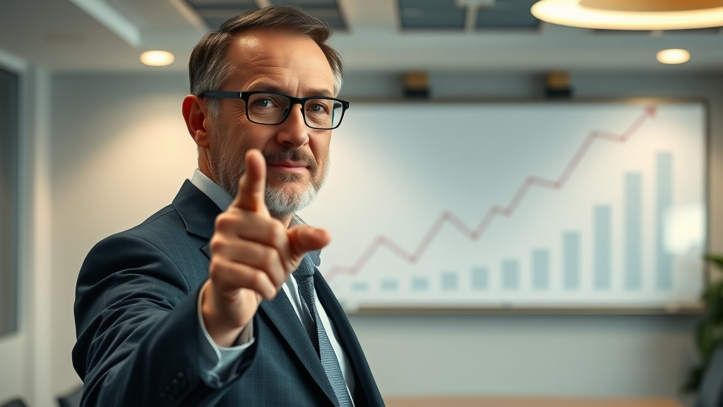 Inspirational business leader demonstrating business growth strategy pointing toward upward graph in a boardroom