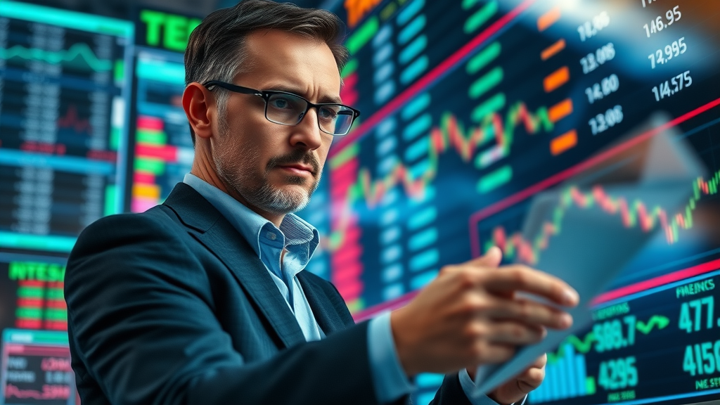 Investor analyzing capital gains and losses in stock market portfolio, performance graphs, digital tickers, confident demeanor.