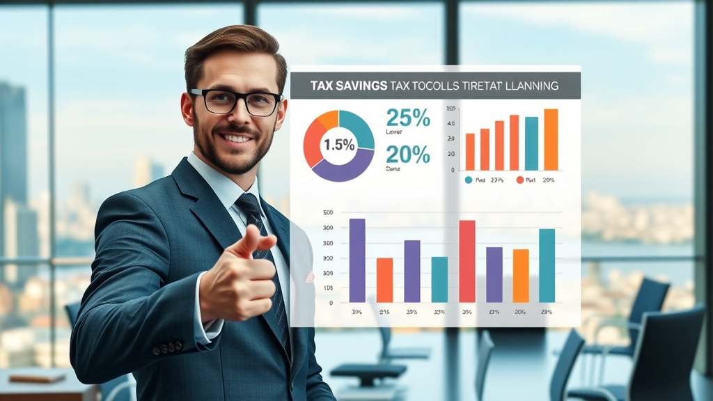 Vibrant infographic pie chart and bar graph showing tax savings statistics related to proactive tax planning in an office setting, professional explaining data