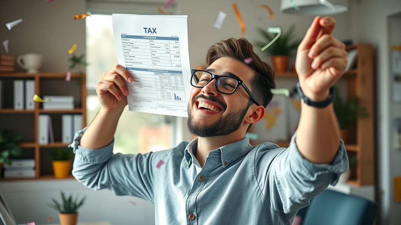 small business owner celebrating tax savings using strategic business tax strategies and tax plan