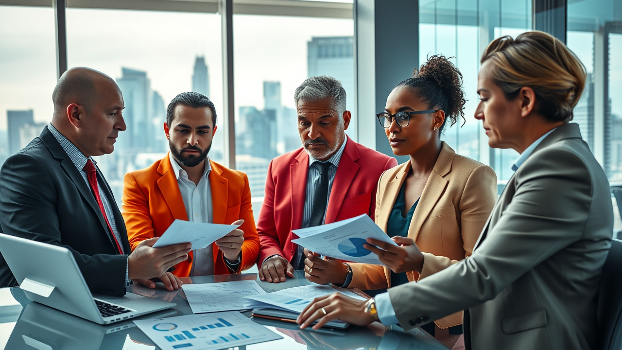 high-net-worth tax strategies meeting with business professionals, financial documents, and city skyline