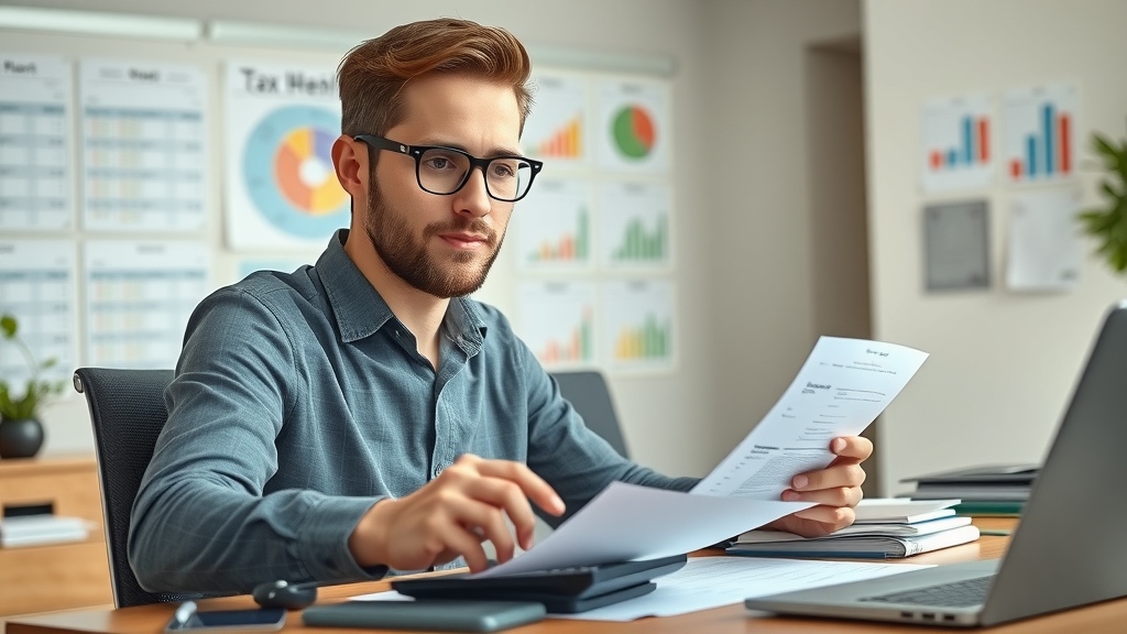 Optimistic small business owner reviews business tax strategies with documents and a calculator in a modern office