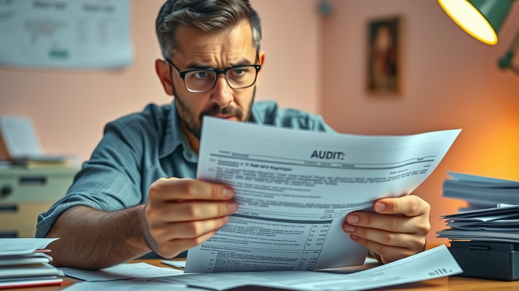 Worried small business owner examines tax documents and prepares to avoid tax planning pitfalls