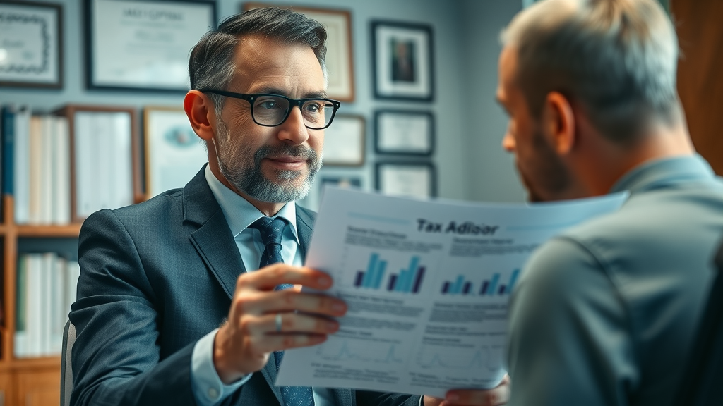 tax relief friendly professional tax advisor explaining tax documents to client in office, highly detailed.