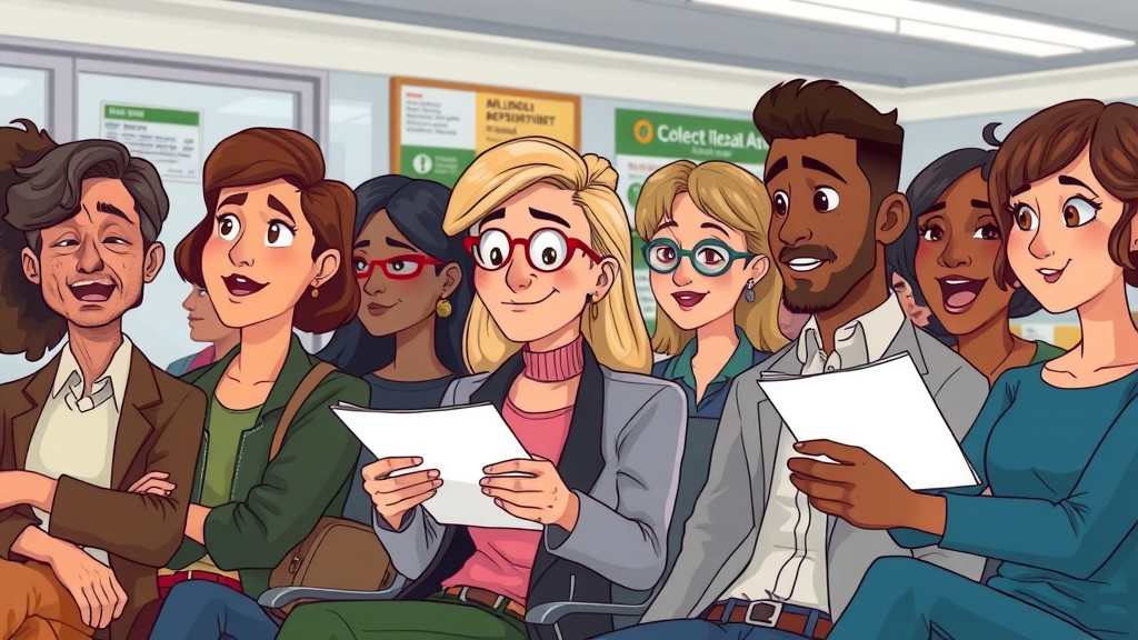 tax relief diverse group of people waiting in a public service office, detailed, cartoon style.