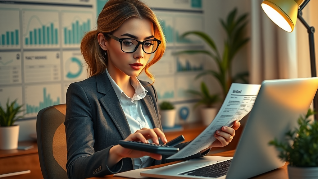 tax relief professional woman calculating tax documents with laptop and calculator, home office, highly detailed.