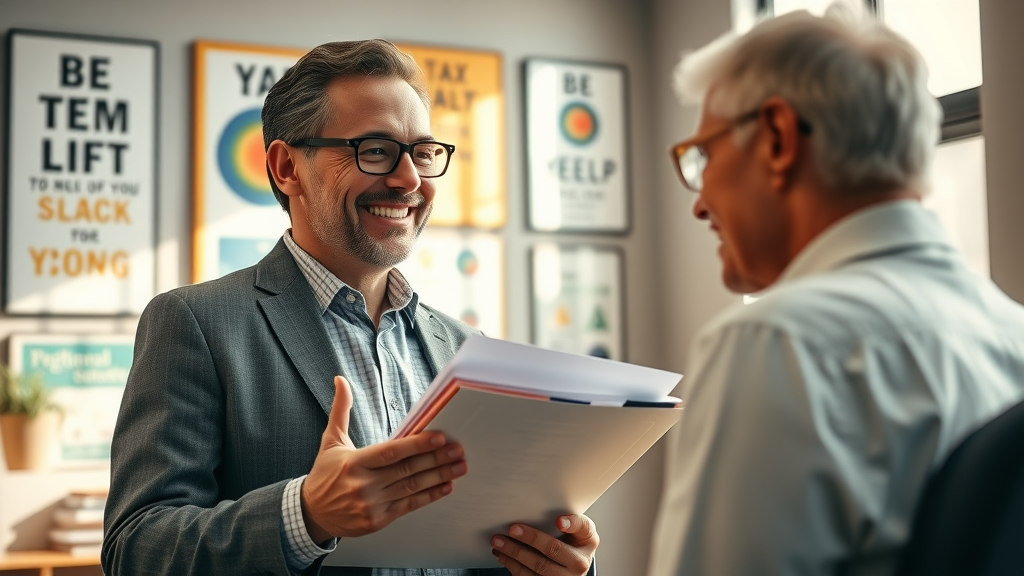 tax relief confident tax expert consulting client, office, motivational posters, detailed.