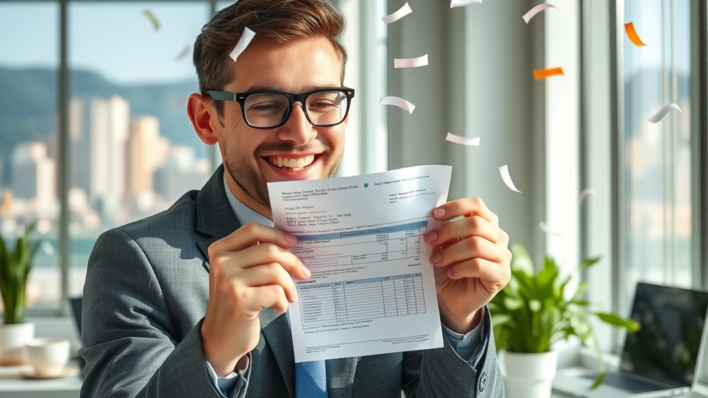 tax relief relieved young professional tearing up overdue tax bill, bright workspace, celebratory.