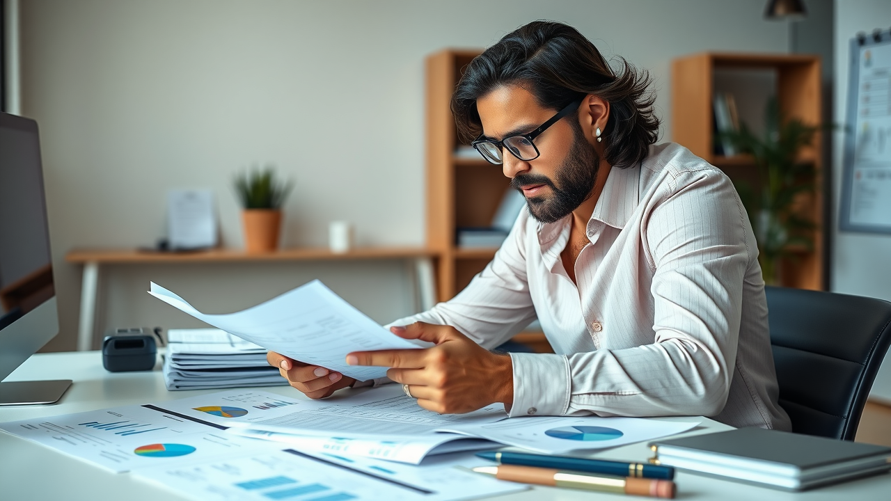 high income entrepreneurs reviewing financial documents in a modern city office