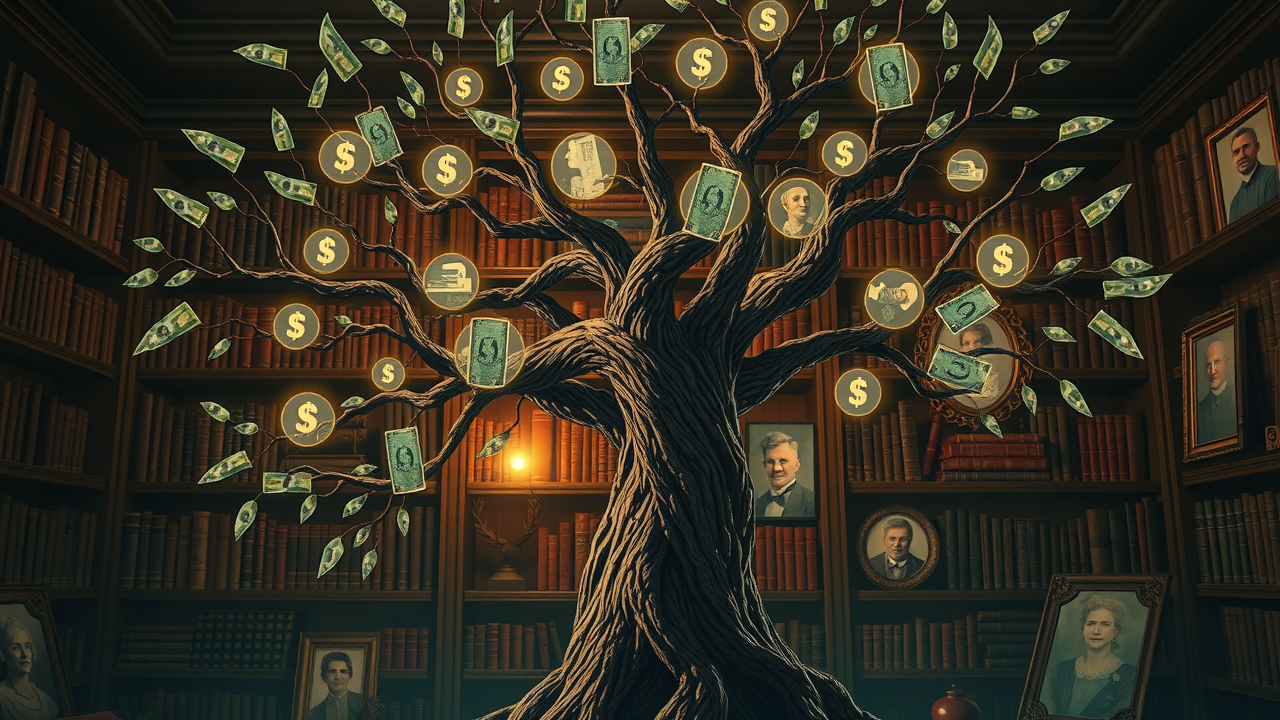 family tree representing generational wealth strategies, with currency and photos, warm lighting and hopeful atmosphere