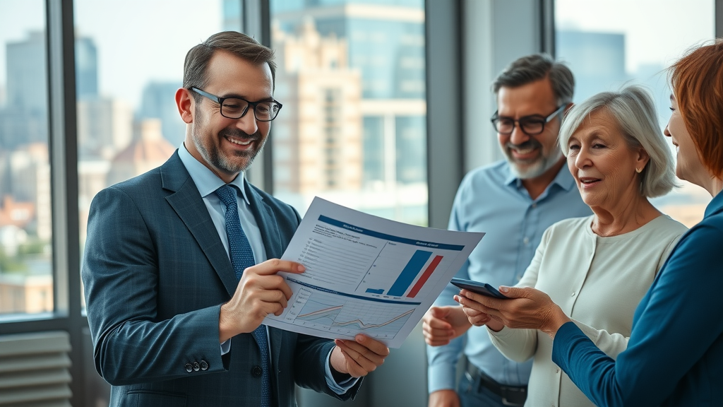financial advisor discussing a generational wealth plan with a multi-generational family, modern office setting